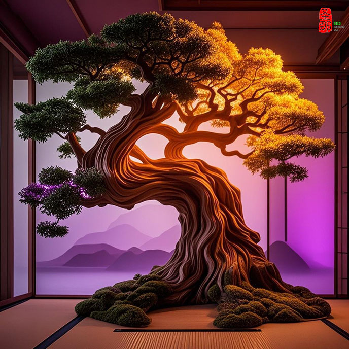 jimeng-2025-05-14-426-這是一個充滿奇幻色彩的仿真樹，通過造型等元素構建出一個童話般的世界，銳利細節，像真實場景一樣。簡單背景。去除場景中的桌椅。構建出一個童話般的異世界，霓虹紫光....jpeg