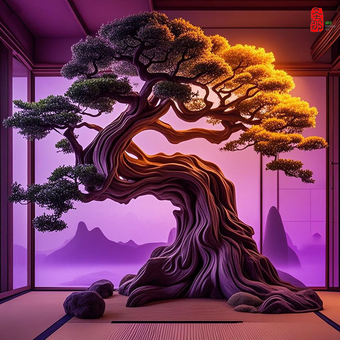 jimeng-2025-05-14-427-這是一個充滿奇幻色彩的仿真樹，通過造型等元素構建出一個童話般的世界，銳利細節，像真實場景一樣。簡單背景。去除場景中的桌椅。構建出一個童話般的異世界，霓虹紫光....jpeg