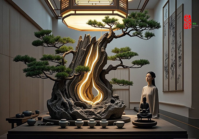 jimeng-2025-06-02-337-用戶的需求可以拆解成幾個(gè)關(guān)鍵點(diǎn)：材料工藝（鋼筋骨架+水泥雕刻）、形態(tài)特征（殘破古樹+盆景造型）、場景應(yīng)用（燈光互動(dòng)+高雅空間）。最核心的難點(diǎn)在于如何用水泥這....jpeg